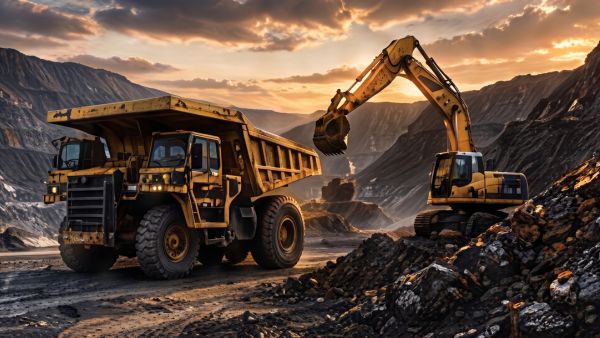 Mining trucks at an open pit mine